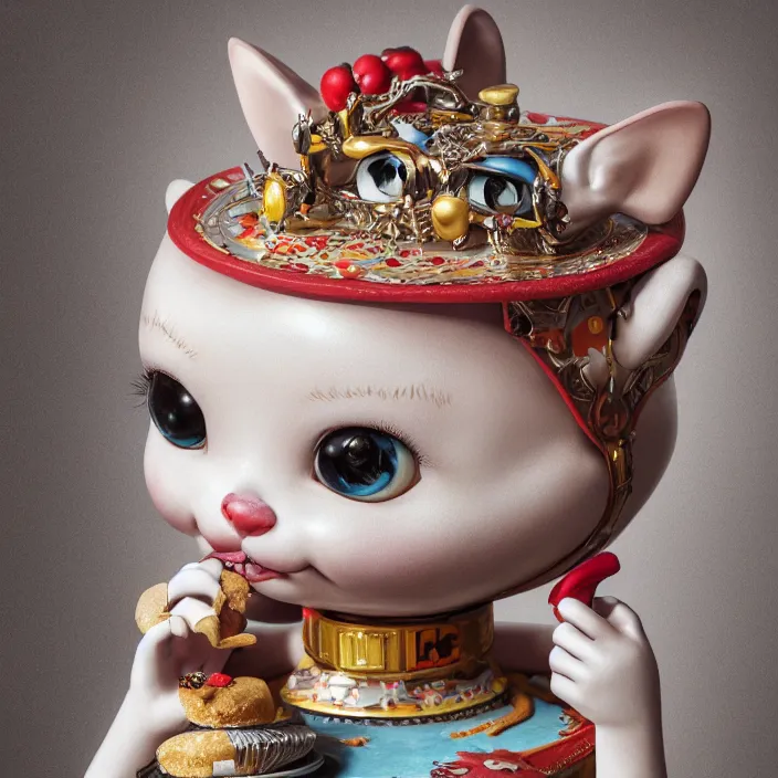 Prompt: closeup face profile portrait of a tin toy cat eating cakes, depth of field, zeiss lens, detailed, symmetrical, centered, fashion photoshoot, by nicoletta ceccoli, mark ryden, lostfish, breathtaking, 8 k resolution, extremely detailed, beautiful, establishing shot, artistic, hyperrealistic, octane render