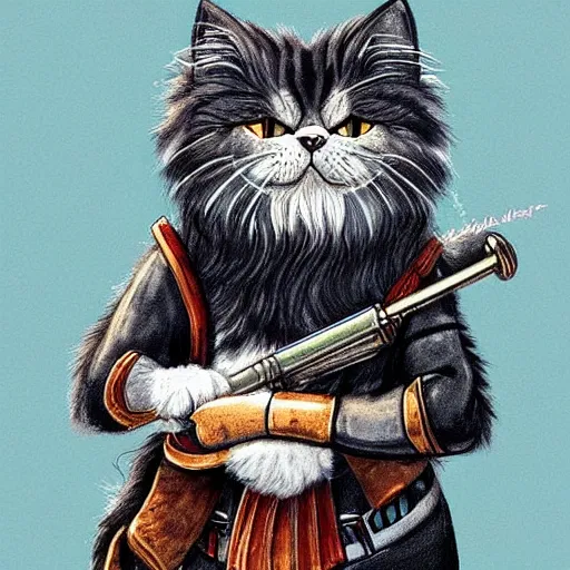 Prompt: a fantasy game portrait of a persian cat. the persian cat has a determined expression and is holding a bazooka. highly detailed and trending on art station.