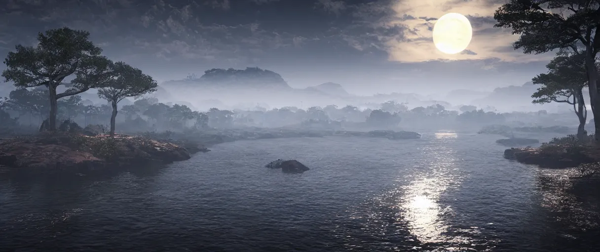 Prompt: The moonlight shines on the wide river, Ghost of Tsushima, finely rendered, Unreal Engine 5, realistic