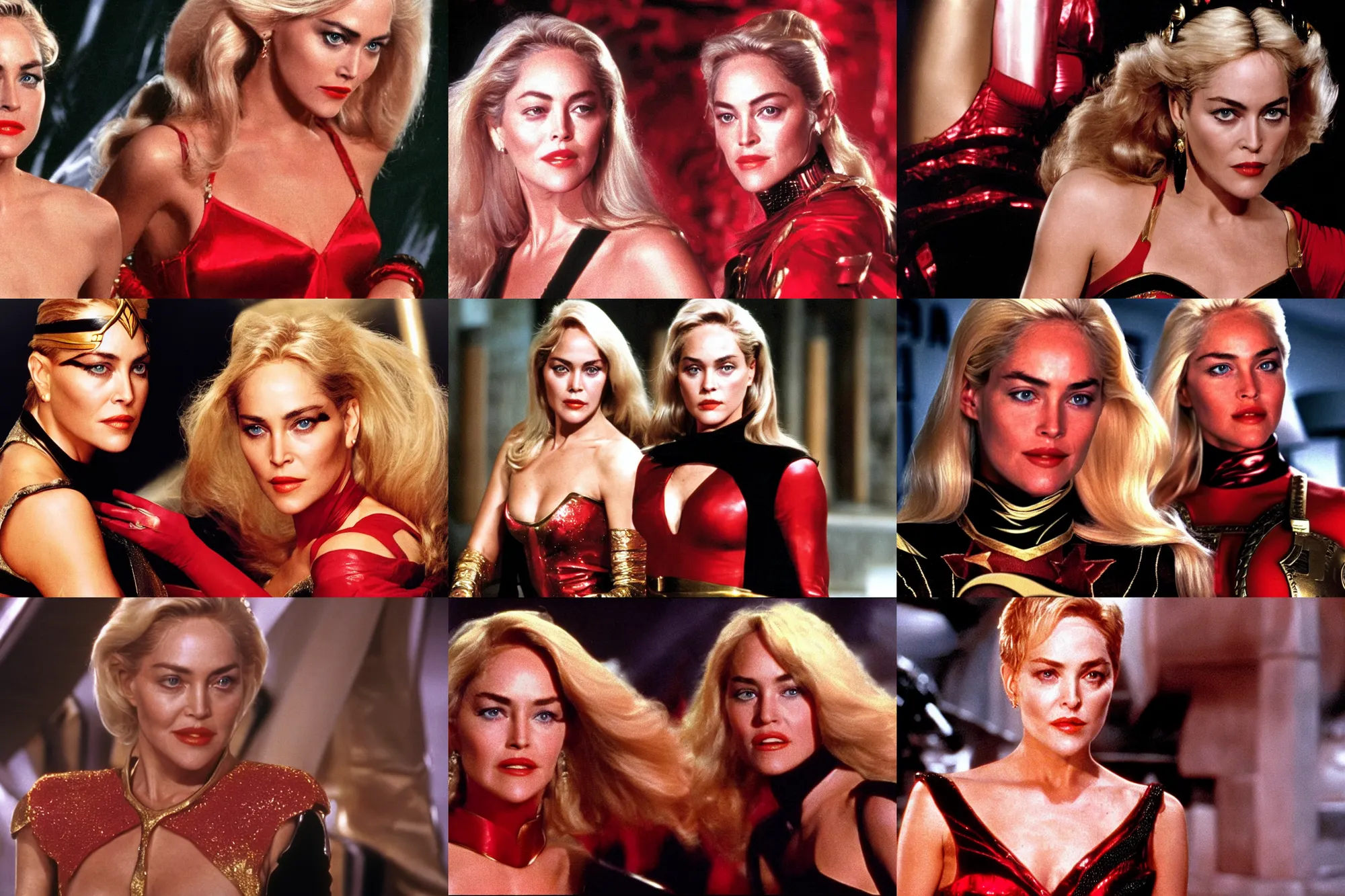 Prompt: Head Shot of a young Sharon Stone as Princess Aura in Flash Gordon 1980, Red Gold and Black outfit, film still