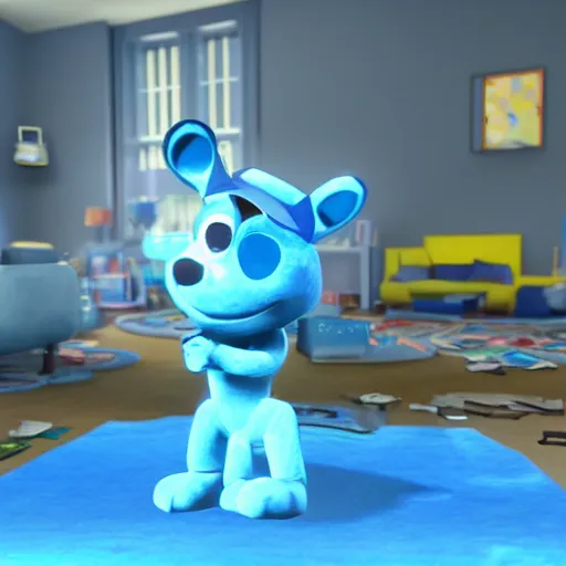 Prompt: full body shot of insanely detailed blue from blue's clues, playing with toys, global illumination, cinematic framing, unreal engine 5, ray tracing