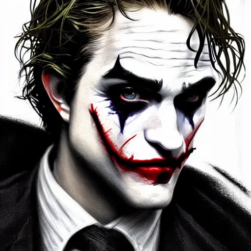 Image similar to handsome Robert Pattinson as Joker, western, D&D, fantasy, intricate, elegant, highly detailed, digital painting, artstation, concept art, matte, sharp focus, illustration, art by Artgerm and Greg Rutkowski and Alphonse Mucha