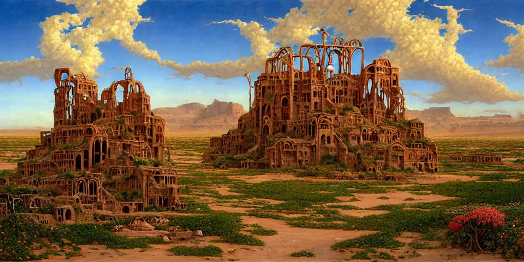 Image similar to the oasis - hamlet of joppa along the far rim of the great salt desert. farmers tend to groves. jungles strangle chrome steeples and rusted archways. beyond the fabled spindle rises above the fray and pierces the cloud - ribboned sky. art by james christensen and noriyoshi ohrai