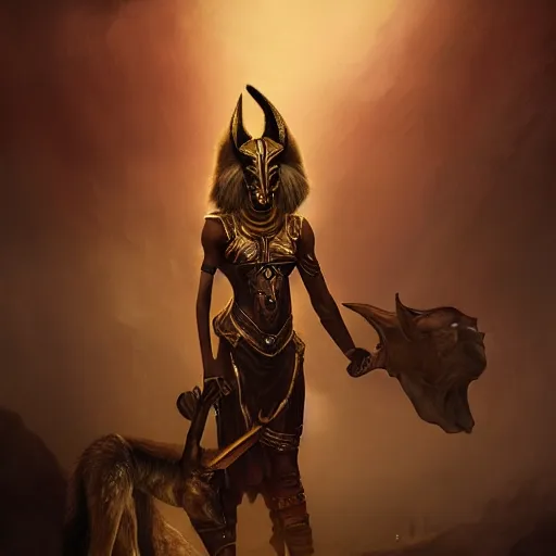 Image similar to Majestic gracious Anubis female warrior portrait, atmospheric lighting, painted, intricate, volumetric lighting, beautiful, rich deep colors masterpiece, golden hour, sharp focus, ultra detailed, by Leesha Hannigan, Ross Tran, Thierry Doizon, Kai Carpenter, Ignacio Fernández Ríos