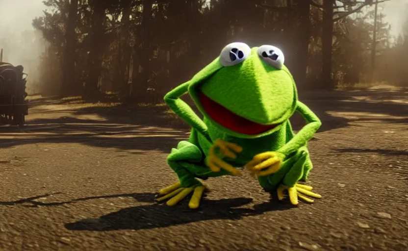 Image similar to kermit the frog in red dead redemption 2, cinematic shot