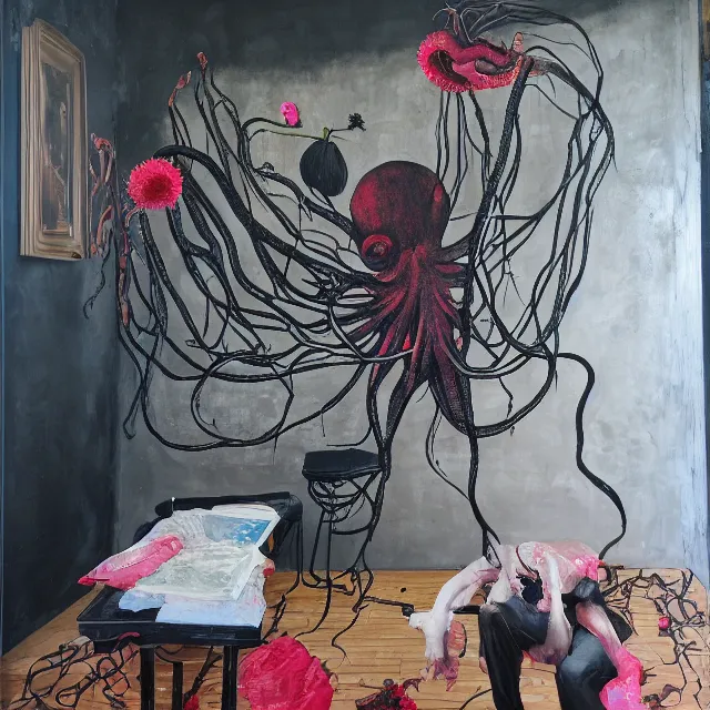 Prompt: empty room with black walls, a portrait of a female pathologist, octopus, mural, wilted flowers, squashed berries, neo - expressionism, surrealism, acrylic and spray paint and oilstick on canvas