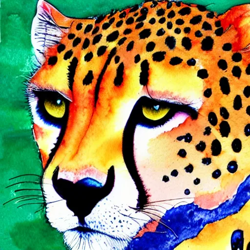 Image similar to colorful cheetah face in the style of laurel burch detailed watercolor and colored pencil painting 4 k