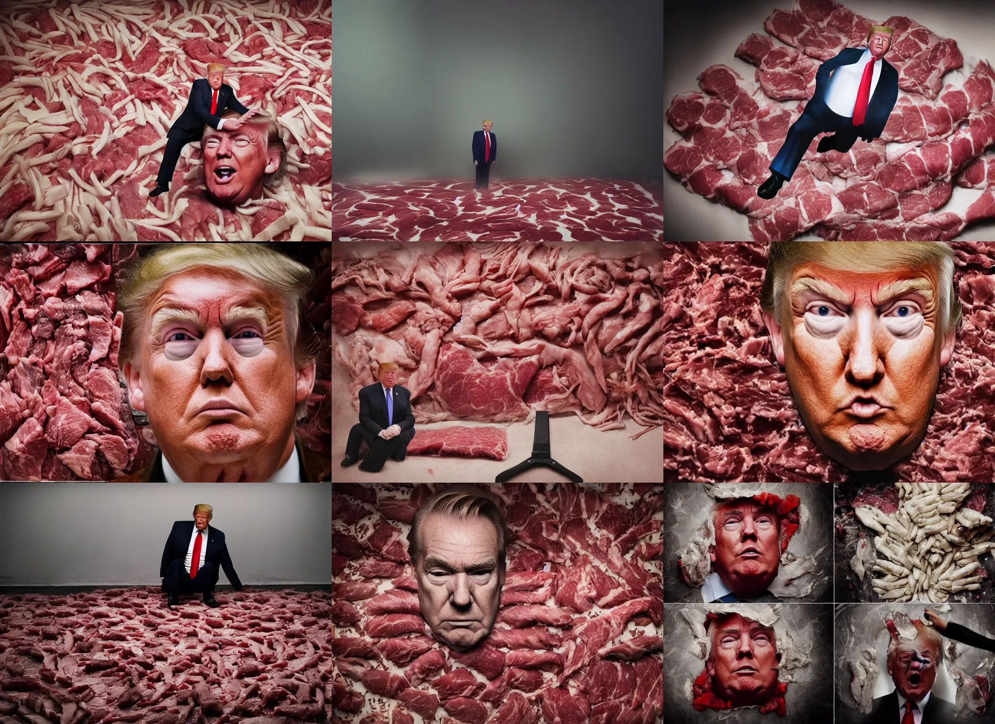 Prompt: macro face shot of donald trump and a room made of full of raw meat on butchery floor, cinematic focus, polaroid photo, vintage, neutral dull colors, soft lights, foggy mist, by oleg oprisco, by thomas peschak, by discovery channel, by victor enrich, by gregory crewdson