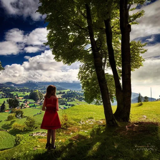 Prompt: a beautiful photograph of a girl with switzerland landscape in the background with trees, hdr, 8 k, high quality, sharp focus, artstation, highly detailed, award - winning, dramatic lighting, beautiful clouds, and nature