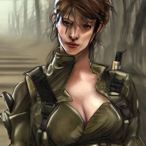 Prompt: quiet from metal gear solid, walking through a river, intrigued, sun flairs,