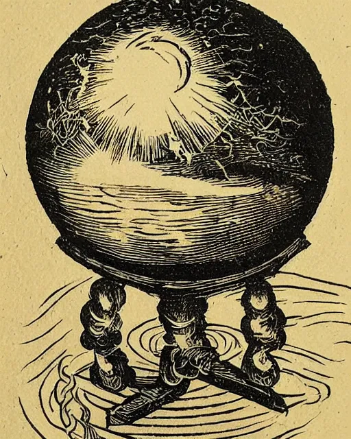 Prompt: a woodcut of smoke surrounding a crystal ball by henricus hondius ii, featured on flickr, mannerism, grotesque, woodcut, macabre, highly detailed