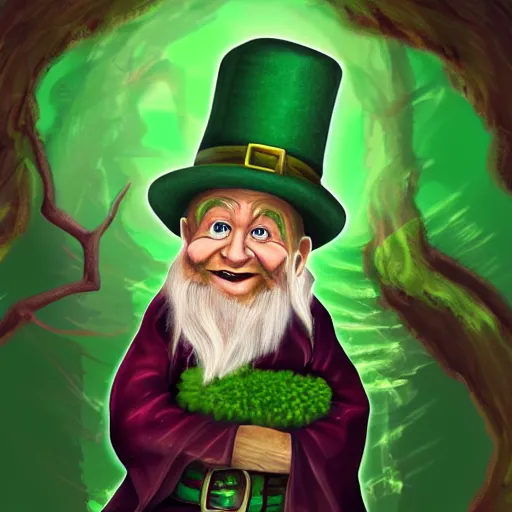 Prompt: a happy wizard leprechaun, digital art