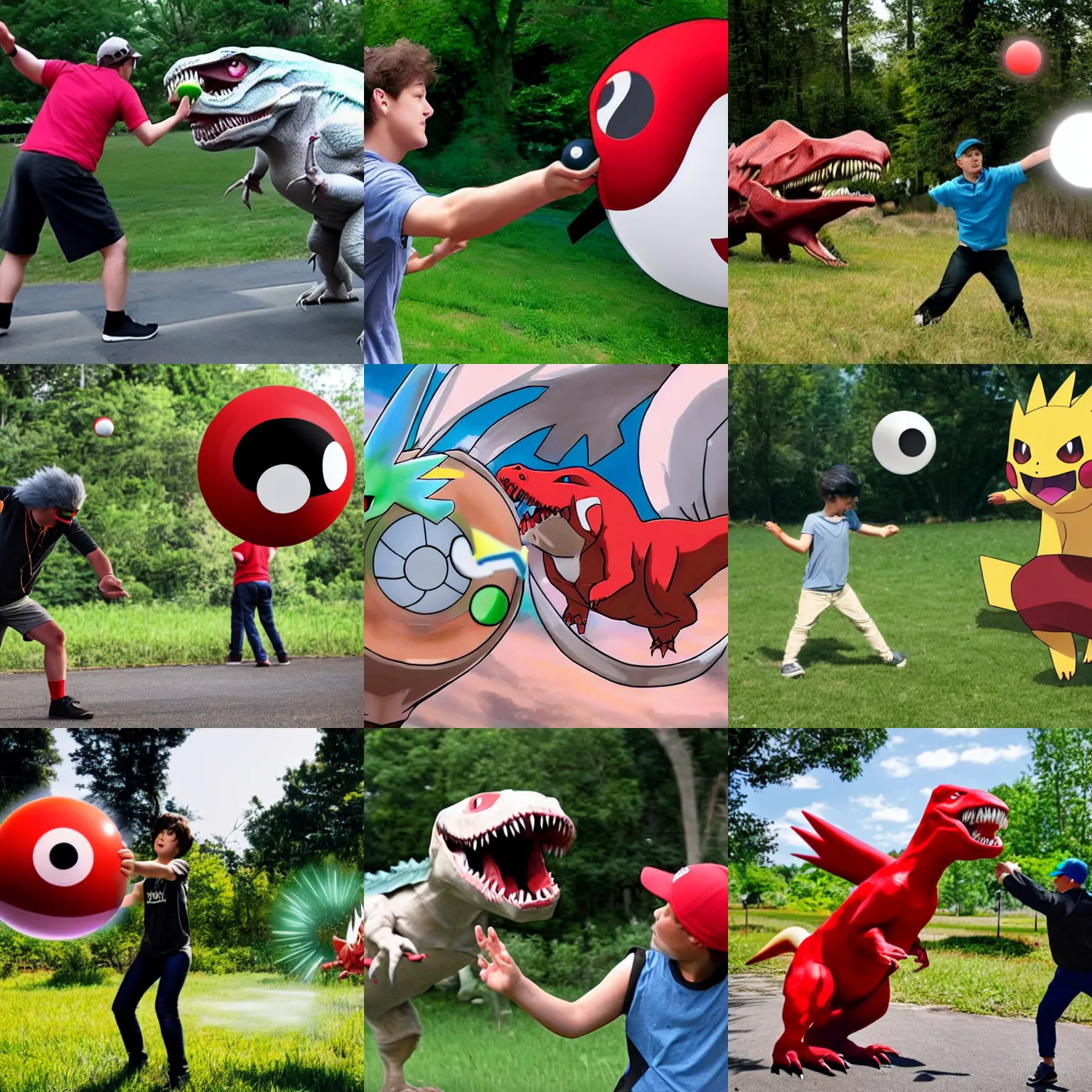 Prompt: A Pokémon trainer throwing a pokeball at a T-Rex