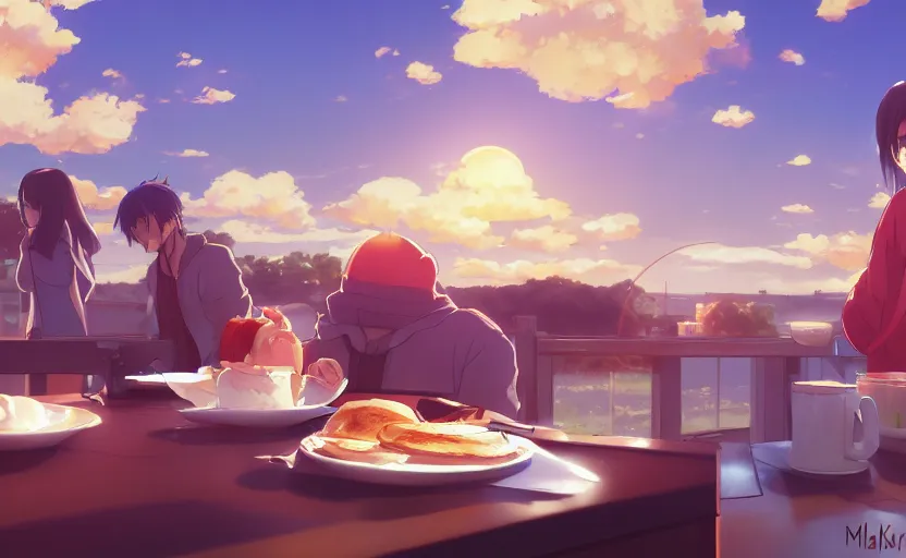 Image similar to the most delicious epic special pancake dish at IHOP, anime scene by Makoto Shinkai, digital art, 4k