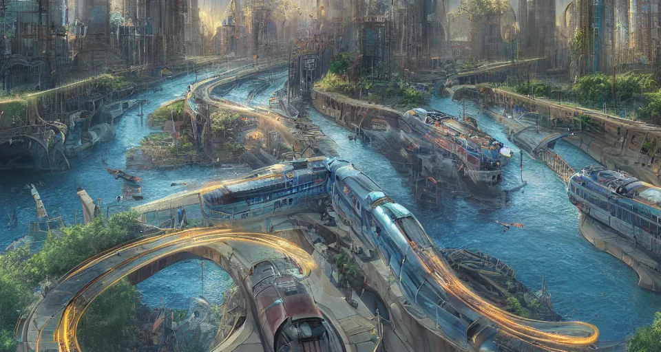 Prompt: An urban train rides inside of a waterway on a fantasy city, next to a fountain and a mystical palace, hyperdetailed, artstation, cgsociety, golden hour 8k, fractal flame