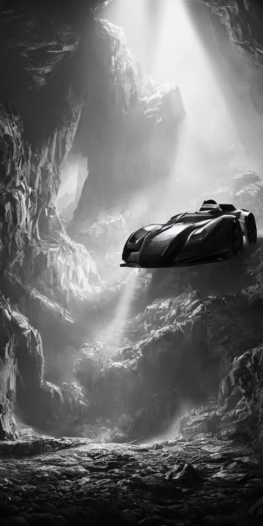 Image similar to the batmobile standing in a very dark and wet cave. highly detailed. intricate. mist. atmospheric. rim light. photorealistic. 8 k. monochrome. rays of light filling the cave. cinematic. matte painting. cinema 4 d. octane render. imagined by ash thorp. ambient occlusion. global illumination.