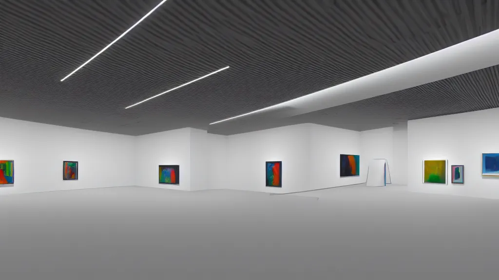 Prompt: 3 d rendering of a hyper modern art gallery with white walls, 5 0 mm canon lens, hyper detailed, soft bright light, unreal engine 5, 4 k, trending on artstation