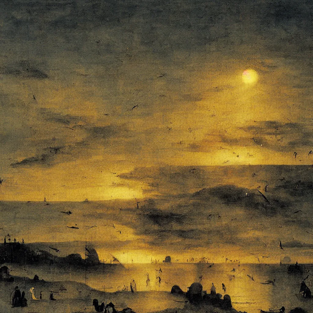 Prompt: Majestic sunset in the horizon at beach, painting by Hieronymus Bosch