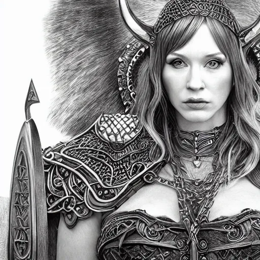 Image similar to hyper realistic pencil drawing of Christina Hendricks as a viking princess, intricate detail, beautiful, battle armor, war, fight, light, dragon, bright color palette