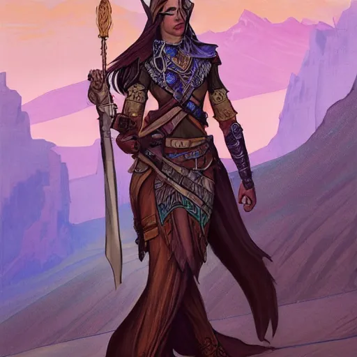 Image similar to Emeth the elven desert bandit. Arabian style. Epic portrait by james gurney and Alfonso mucha (lotr, witcher 3, dnd, dragon age, gladiator, scoia'tael).