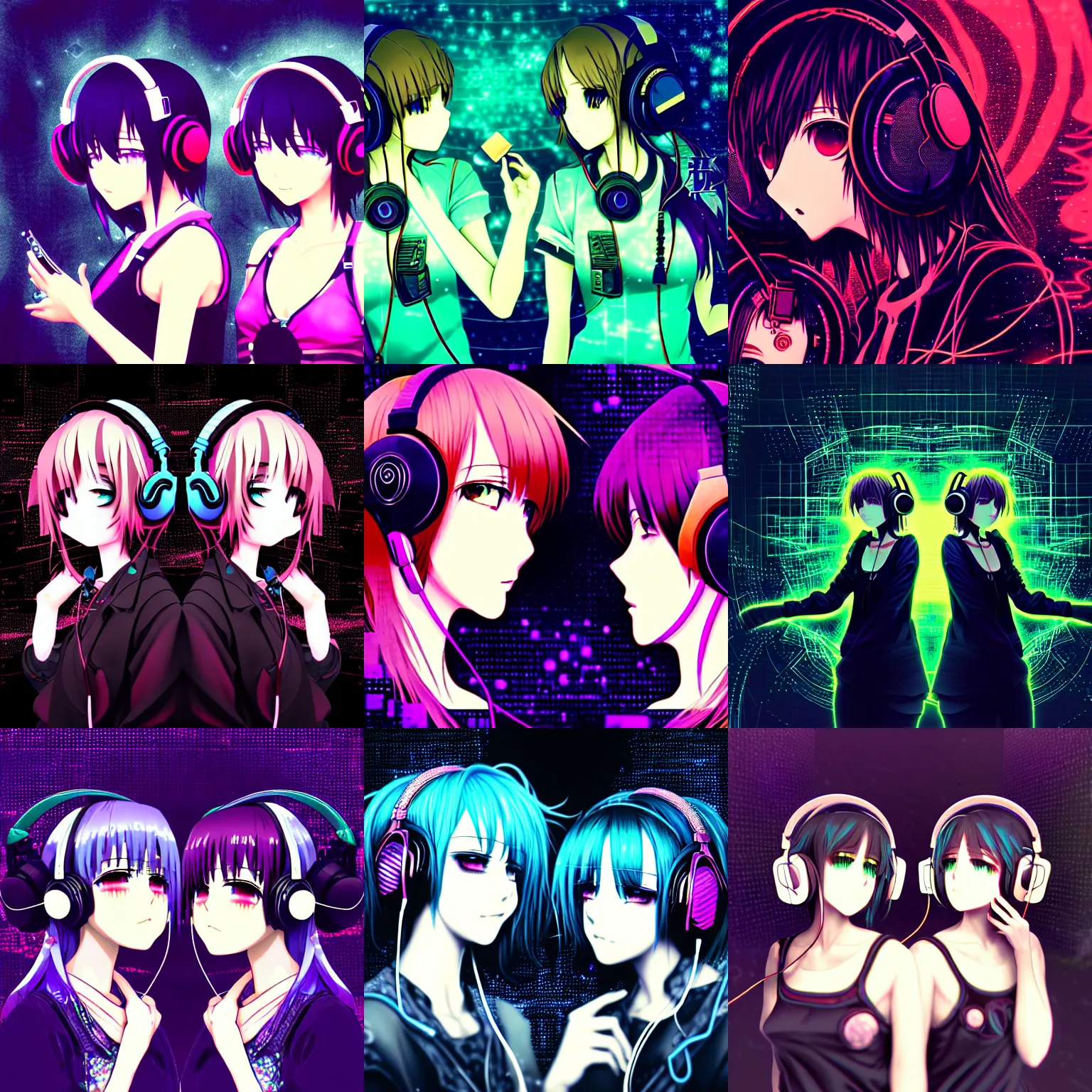 Prompt: two lesbian anime girls wearing headphones, esoteric fractal analog background, dark and gothic, intricate, somber, stylized, japanese, artstation, highly detailed, noisy and glitched, vhs glitch, expired film, amazing composition, 4 k