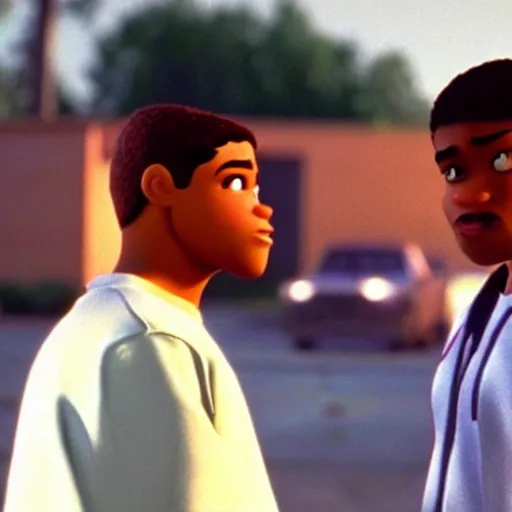 Prompt: a cinematic still of the Pixar version of the movie Boyz N The Hood (1991) epic lighting, shallow depth of field