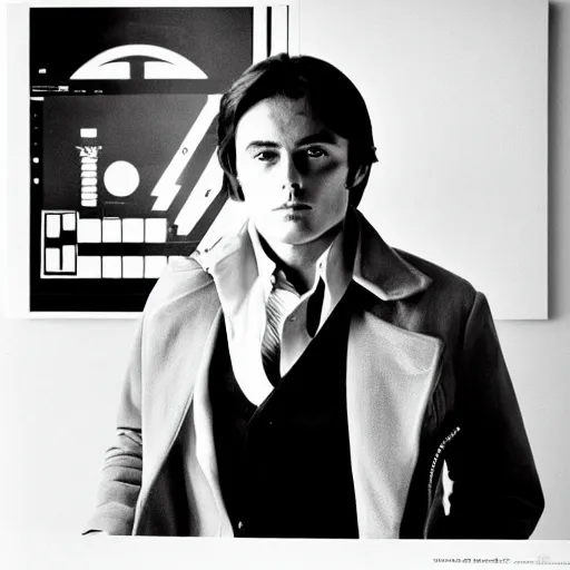 Image similar to stunning symmetrical portrait of alain delon in front of a tall moog synthesizer, high contrast grainy blank and white photography print ilford warm tone, huge modular synthesizer!!!!!!!