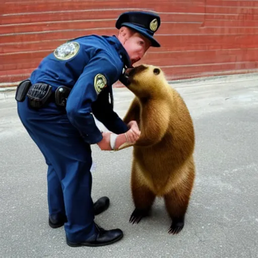 Prompt: capybara policeman arresting a bear