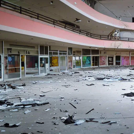 Prompt: an abandoned long forgotten mall with broken windows