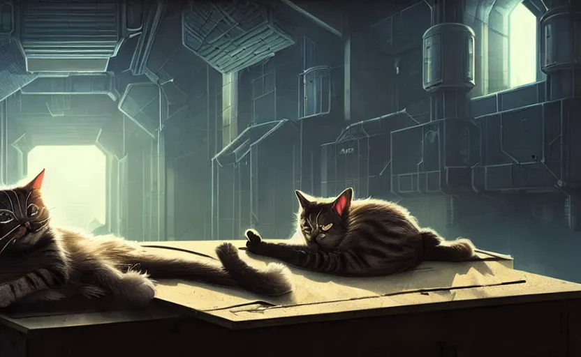 Image similar to a cat sleeping on a mechanics workbench in a spaceport, space opera and dystopian style, d & d, fantasy concept art, global illumination, interesting composition, volumetric lighting, art by enki bilial, highly detailed