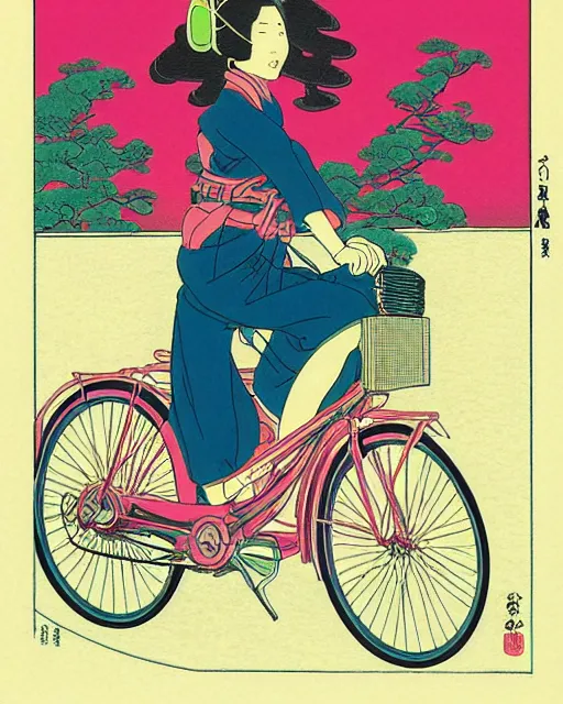 Prompt: awesome logo of a girl riding a bike, synthwave colours, in ukiyo - e style, 1 9 6 0, kodak, natural colors, codex seraphinianus painting by moebius and satoshi kon and alberto mielgo