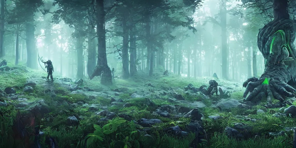 Image similar to gamekeeper hunting for mystical forest monster. realism in style of fornite game. bio luminescent, plasma, ice, water, wind, creature, artwork by tooth wu and wlop and beeple and greg rutkowski, epic cinematic shot, perfectly defined features, ambient occlusion