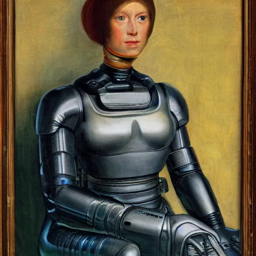 Prompt: a portrait of a female android by dieric bouts