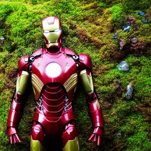 Prompt: rusty iron man suit with moss being reclaimed by nature underwater!!!!, 4 k, spooky