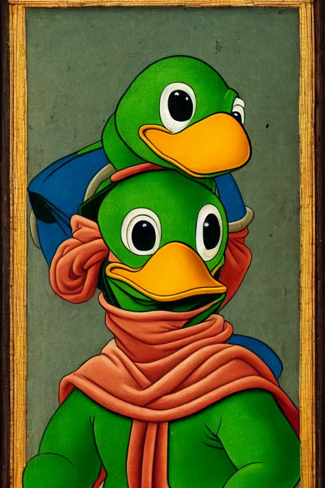 Prompt: a renaissance portrait of donald duck as a green parrot ninja turtle, beautiful intricate painting