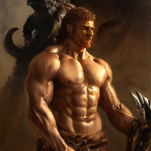 Image similar to handsome portrait of a spartan guy bodybuilder posing, radiant light, caustics, war hero, monster hunter, by gaston bussiere, bayard wu, greg rutkowski, giger, maxim verehin