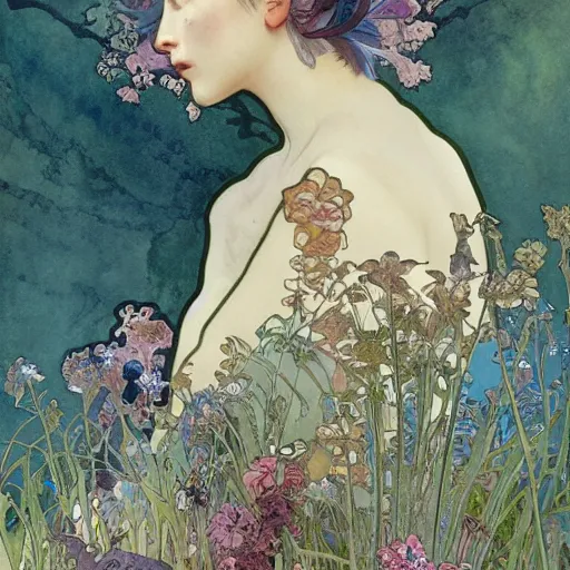 Image similar to a beautiful intricate watercolor illustration of a surreal animals in a serene landscape, 4 k, ultra - wide angle, by william turner, by victo ngai, by alphonse mucha, by miho hirano, by ellen jewett, hd, trending on artstation, hyper detailed, muted colors