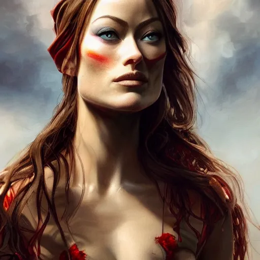 Image similar to Olivia Wilde, portrait, fantasy, medieval, beautiful face, vivid colors, elegant, concept art, sharp focus, digital art, Hyper-realistic, 4K, Unreal Engine, Highly Detailed, HD, Dramatic Lighting by Brom, trending on Artstation