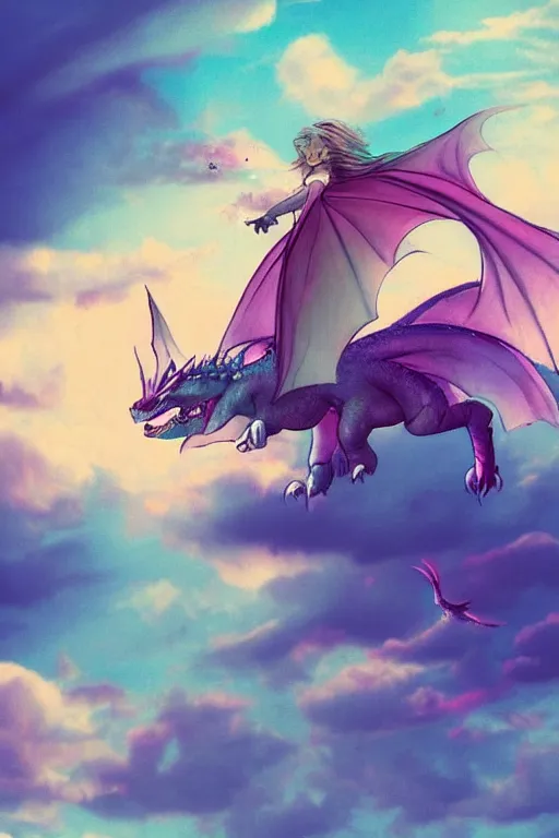 Image similar to a magical dragon making a girl fly in the sky without wings, they are in the edge of a beautiful hill, aesthetic, pastel filter, pastel effect, pastel style, 2 d art