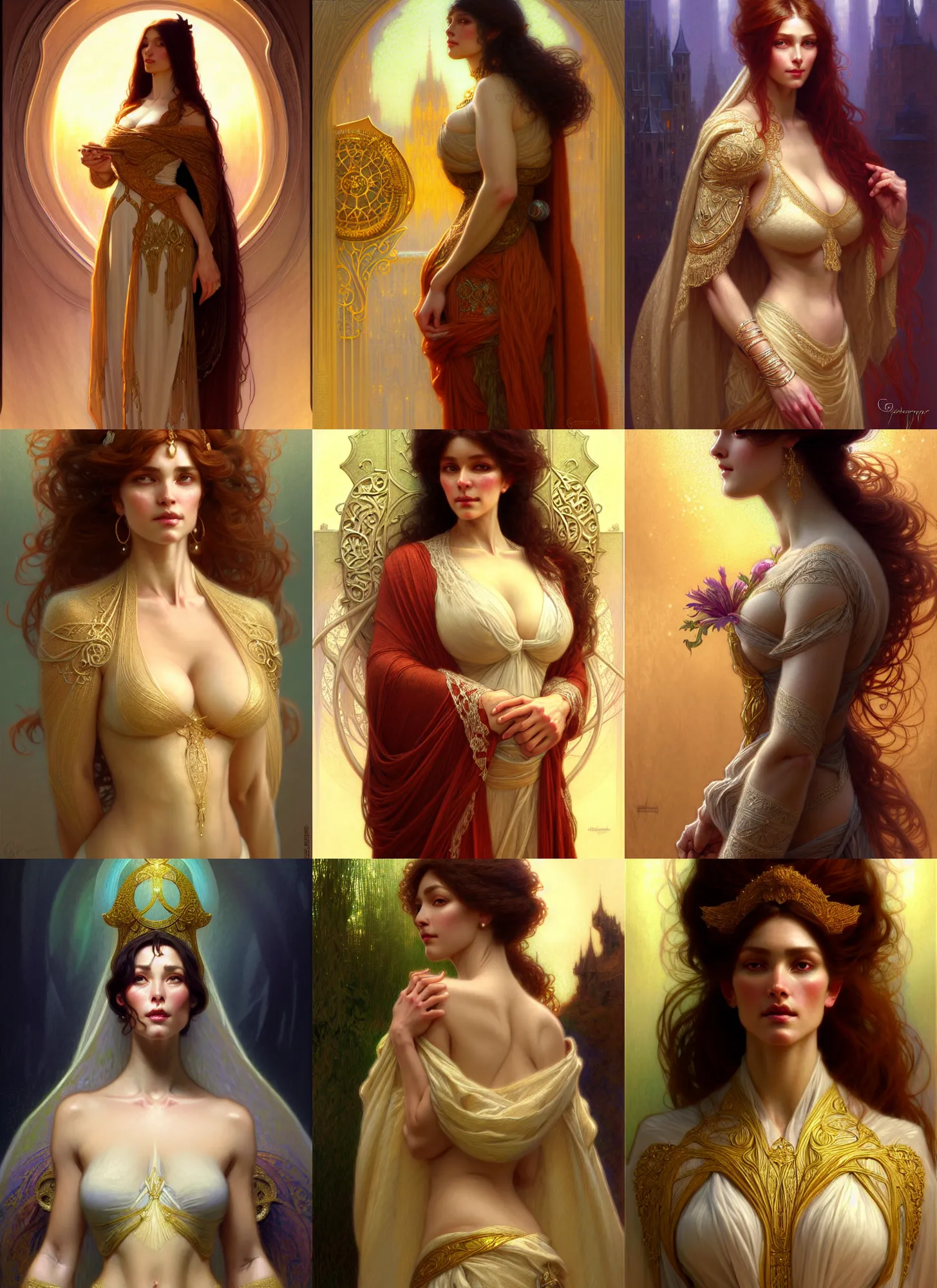 Image similar to character concept portrait of me as modest wife blessed by god to grow ever more intelligent beautiful voluminous muscular tall and virtuous. modestly clothed, intricate, elegant, highly detailed, digital painting, artstation, concept art, symmetry, smooth, sharp focus, illustration, art by gaston bussiere and alphone mucha