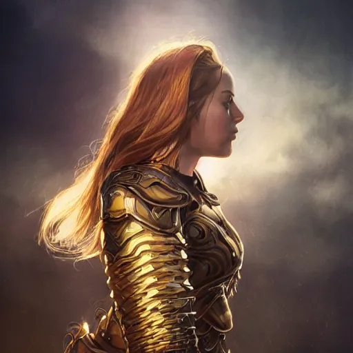 Prompt: attractive aesthetically pleasing young woman portrait, partially clothed in metal-plated battle armor, atmospheric lighting, painted, intricate, volumetric lighting, beautiful, golden hour, sharp focus, ultra detailed, by Leesha Hannigan, Ross Tran, Thierry Doizon, Kai Carpenter,Ignacio Fernández Ríos