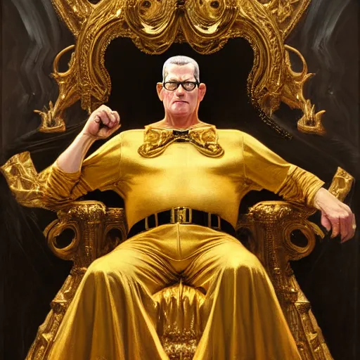 Prompt: perfectly centered portrait of hank hill in gold gothic robe sitting on a throne of black bones, highly detailed painting by gaston bussiere, craig mullins, j. c. leyendecker, 8 k, mid shot