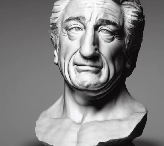 Image similar to a hyper-detailed marble status of Robert DeNiro by Michelangelo; anatomically correct; an extraordinary masterpiece!!!; proud posture; trending on artstation; f/1.4; 90mm