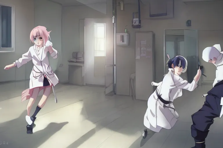 Image similar to a cute young female ninja wearing white coat is attacking an old surgeon in a hospital, lighting, anime scenery by Makoto shinkai