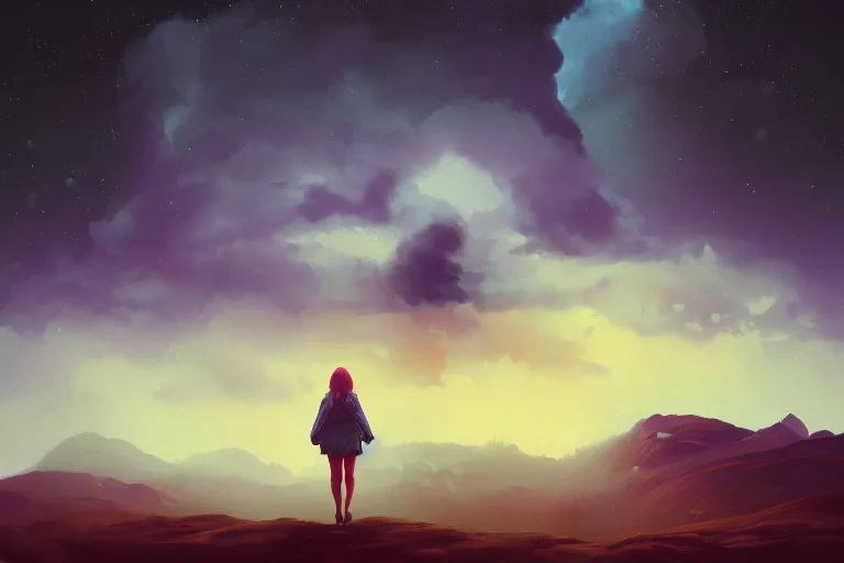 Image similar to giant dahlia flower over head, girl walking on mountain, surreal photography, stars, dramatic light, impressionist painting, storm clouds, digital painting, artstation, simon stalenhag