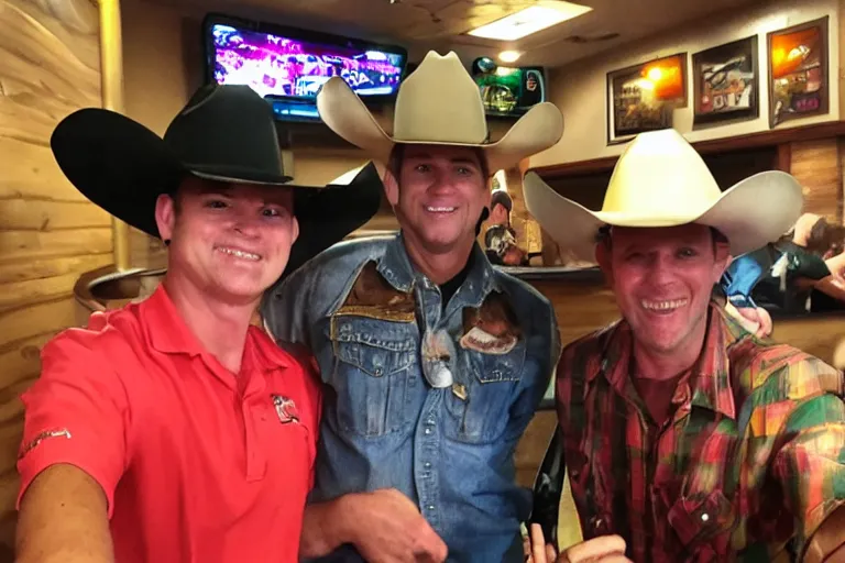 Image similar to taking a selfie with a plastic cowboy at an applebee's, cell phone photo