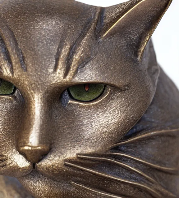 Image similar to a 4 k photorealistic photo medium shot of a bronze statue of a cat.