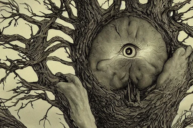 Prompt: brain tree eye holy grail, cinematic masterpiece, very detailed