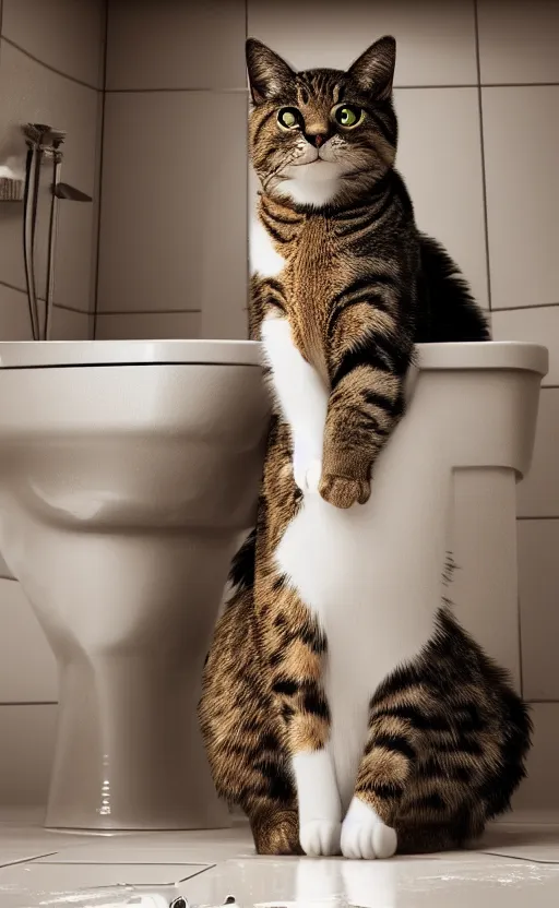 Prompt: photorealistic painting of a cat sitting in a toilet. high quality. unreal engine, embers flying, hyper realism, realistic shading, cinematic composition, blender render, octane render, ultrawide shot, photorealistic. hq. hd. 4 k. award winning. trending on artstation