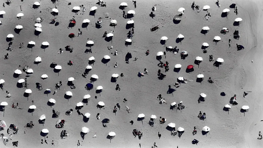 Image similar to photograph beachscapes satellite view imagery, Aerial view of beautiful sandy beach with hundreds of umbrellas and sea, Aerial of a crowded sandy beach with colourful 1970s umbrellas sun bathers and swimmers during summer, golden sand and clear blue sea, by Tommy Clarke and Joshua Jensen-Nagle